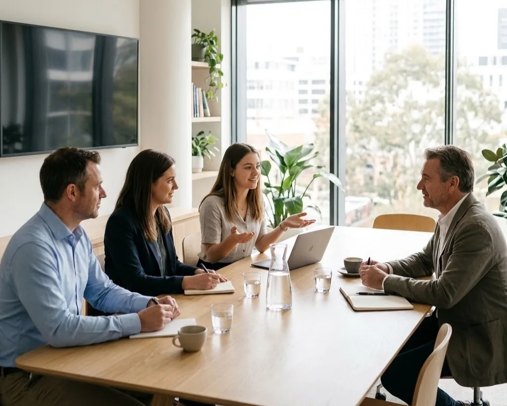 Réunion d'échange entre une équipe et un client autour d'une table